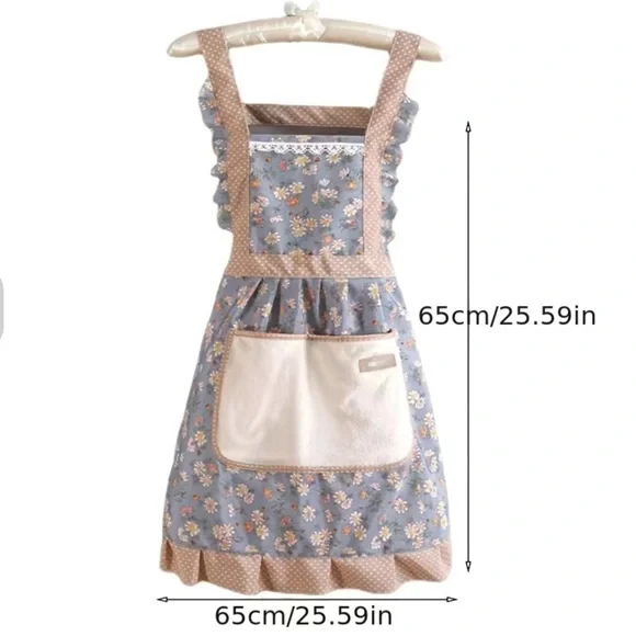 Apron Bib Sweet Vintage Retro Vibe  Pockets Waist Tie Floral Polka Dot Blue OS - Picture 2 of 10